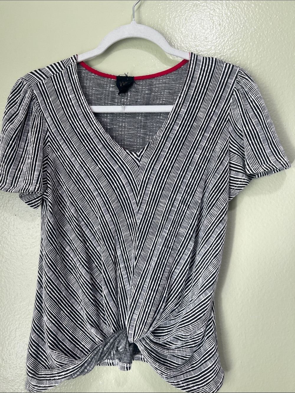 W5 Black and White Striped V-Neck Knot Front Top with Pink Trim